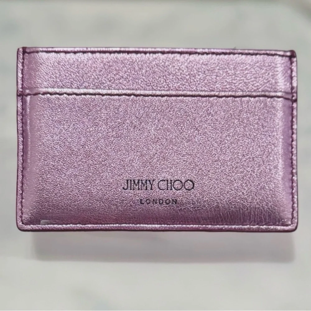 JIMMY CHOO Leather Metallic Lavender Lilac Card Holder logo Wallet NEW